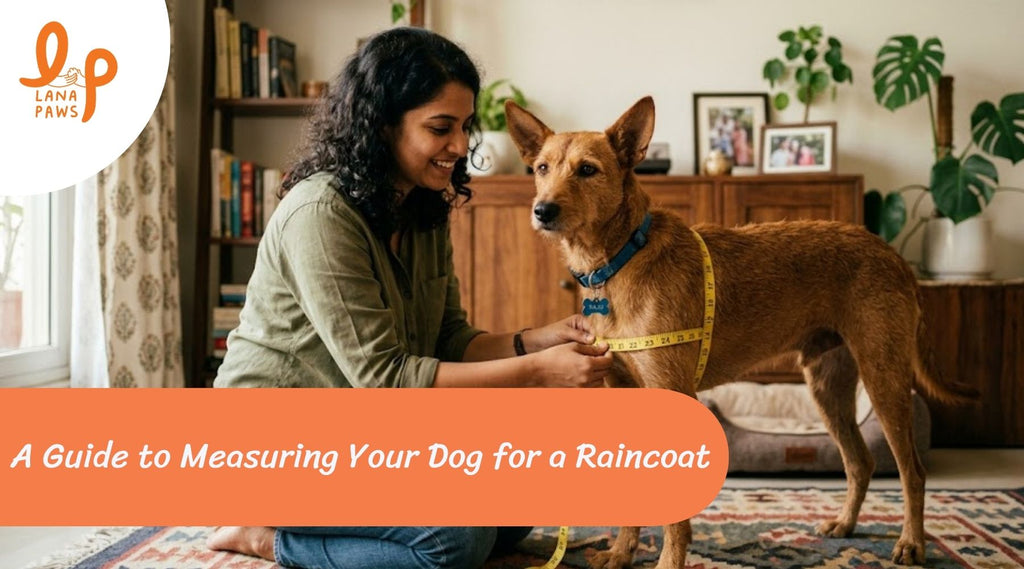 'measuring a dog with a tape measure for raincoat sizing in India'
